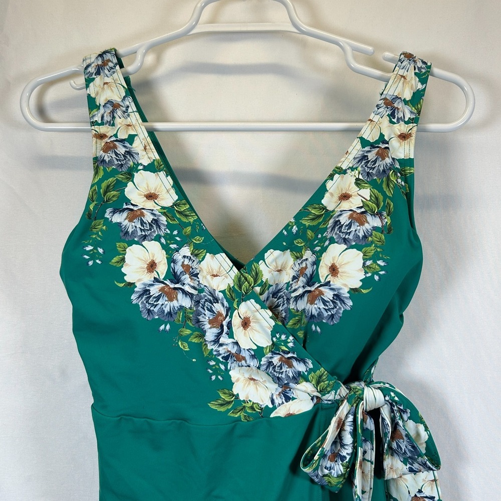 Land's End Women's Petite 4 Side Tie Mini Green Floral Swim Dress Swimsuit 1-pc - Picture 3 of 10